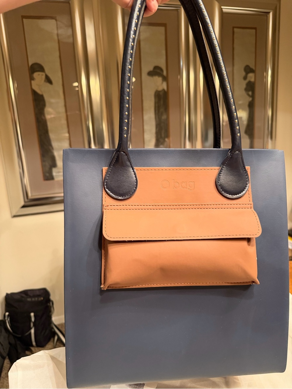 O bag Navy Tote with Camel Detachable Front Pocket